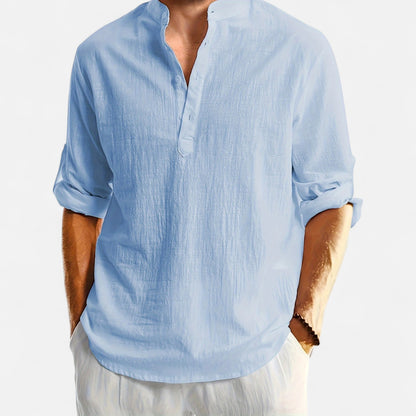 Dorevelle | Men’s Linen Henley – Heritage Collarless Style