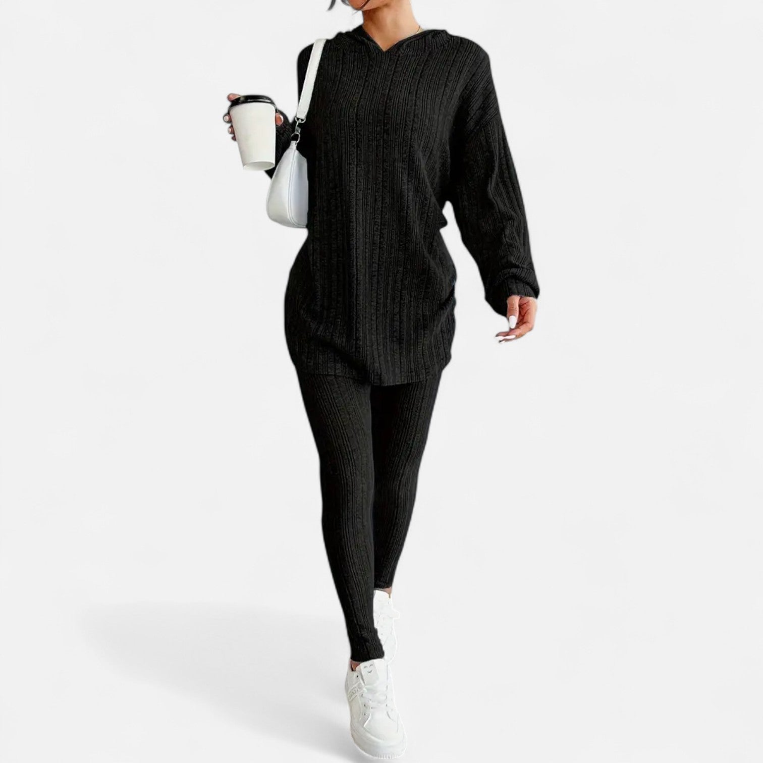 Dorevelle | Women’s Ribbed Set – Hooded Top & Skinny Pants