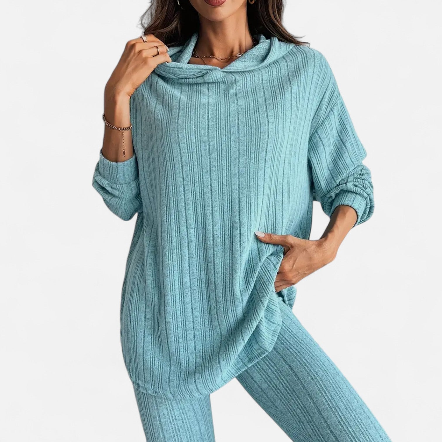 Dorevelle | Women’s Ribbed Set – Hooded Top & Skinny Pants