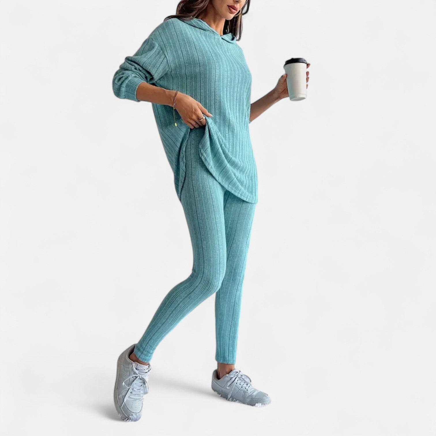 Dorevelle | Women’s Ribbed Set – Hooded Top & Skinny Pants
