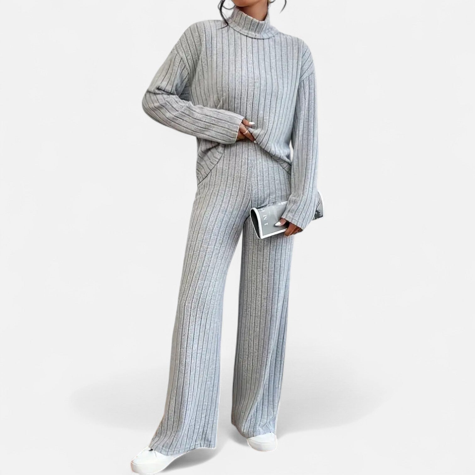 Dorevelle | Women’s Ribbed Set – Mock Neck & Wide-Leg Elegance
