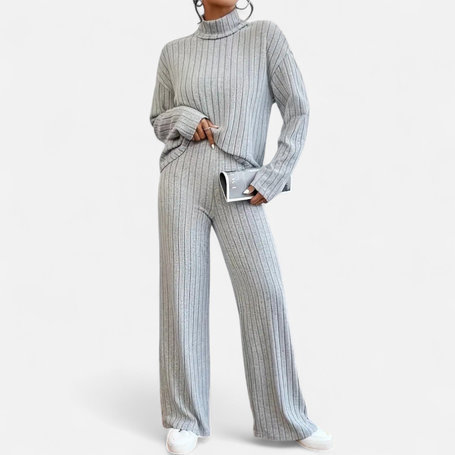 Dorevelle | Women’s Ribbed Set – Mock Neck & Wide-Leg Elegance