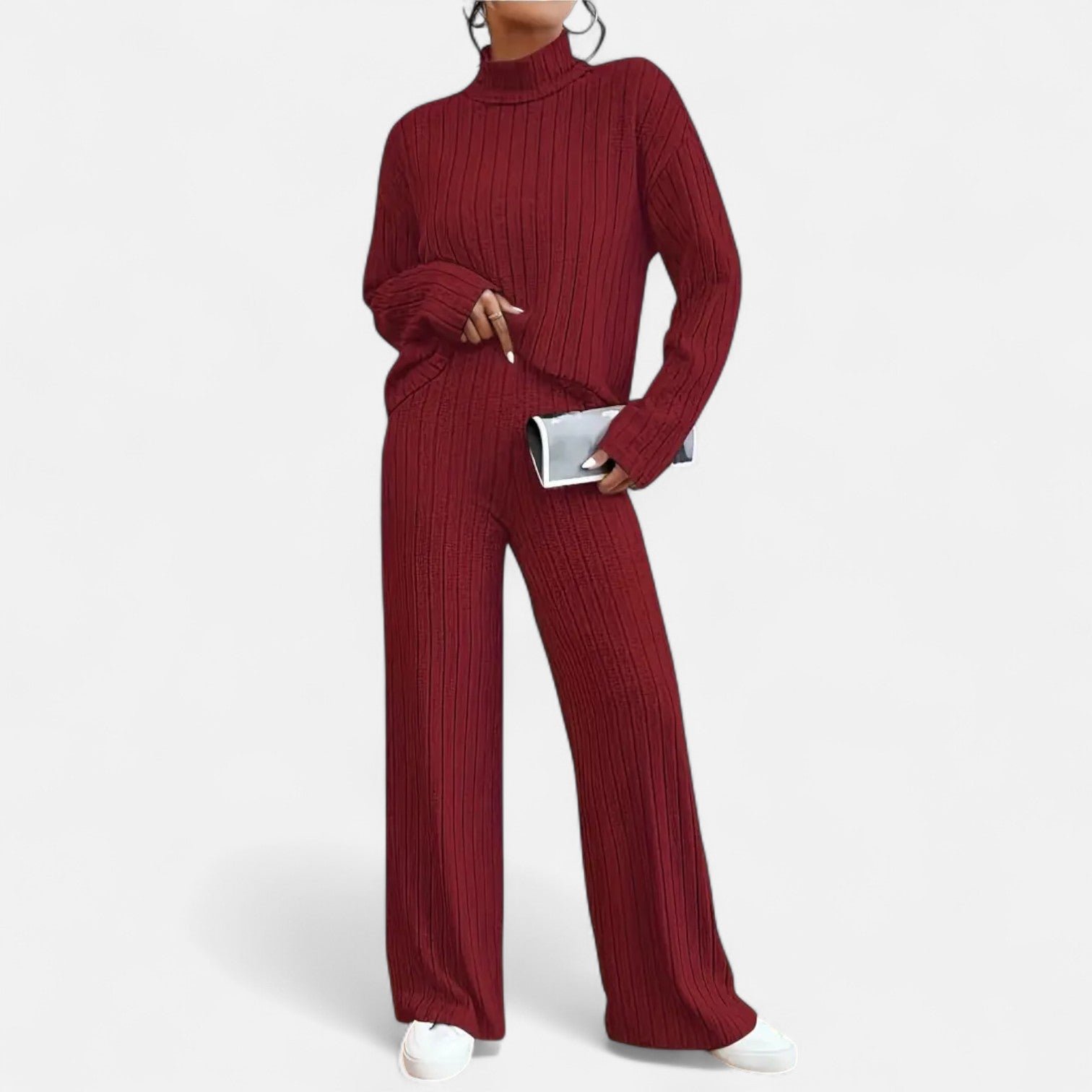 Dorevelle | Women’s Ribbed Set – Mock Neck & Wide-Leg Elegance