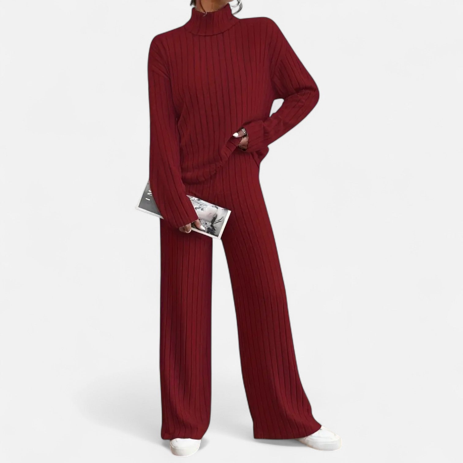 Dorevelle | Women’s Ribbed Set – Mock Neck & Wide-Leg Elegance