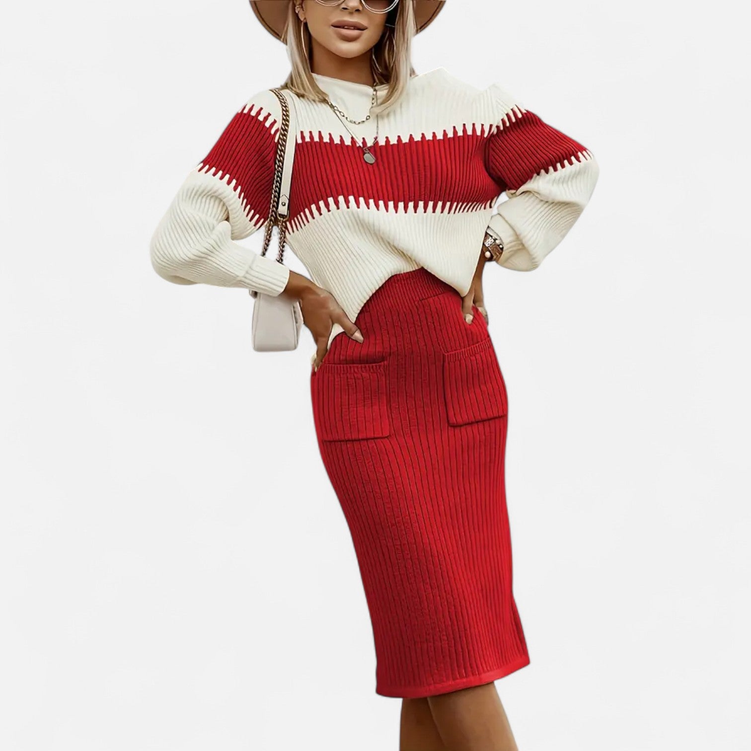 Dorevelle | Women’s Knit Set – High-Neck Pullover & Midi Skirt