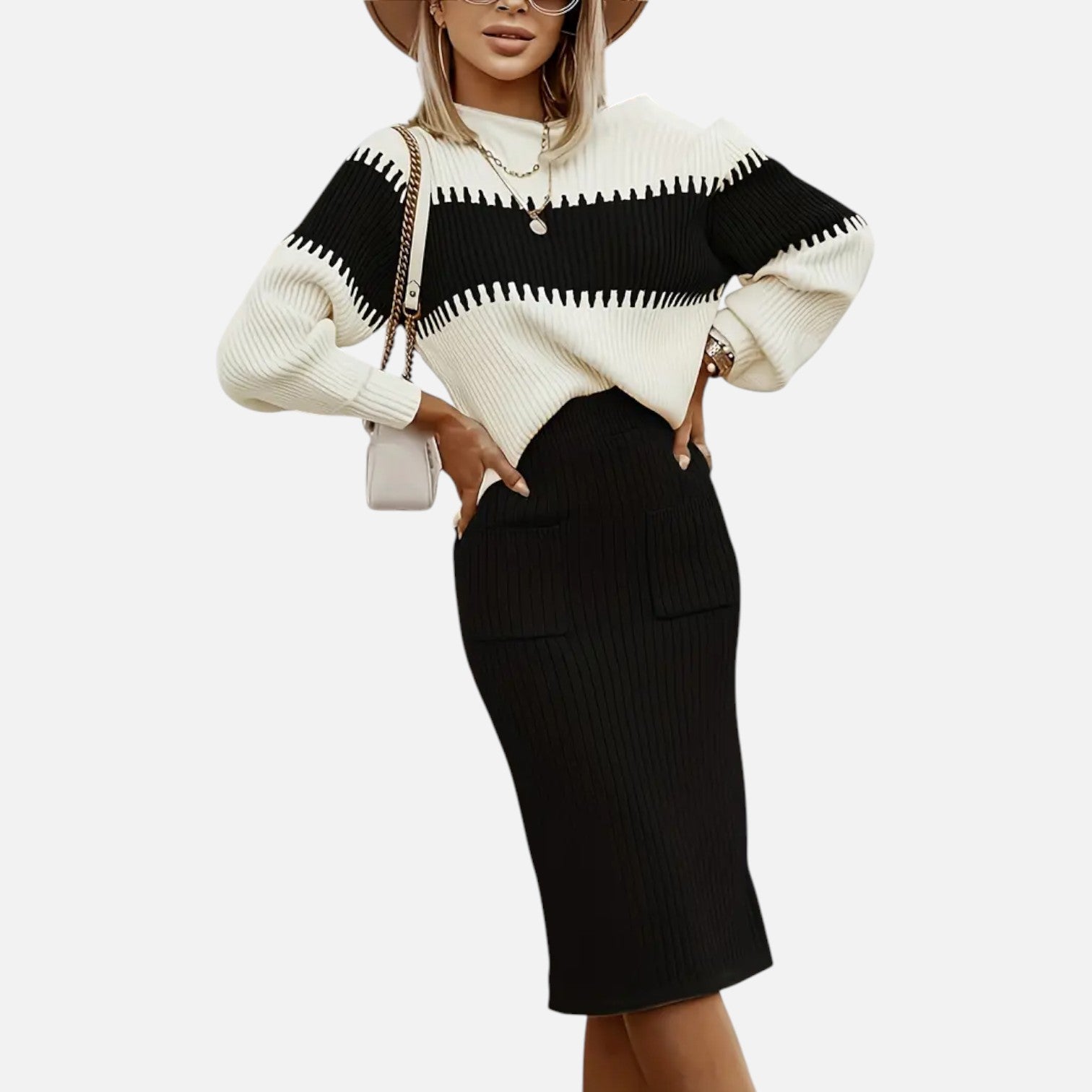 Dorevelle | Women’s Knit Set – High-Neck Pullover & Midi Skirt