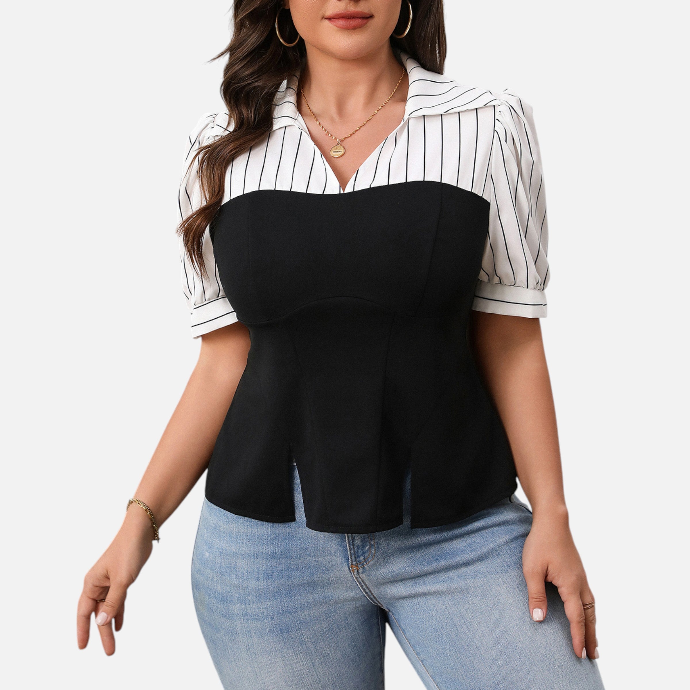 Dorevelle | Women’s Blouse – Striped Patchwork Elegance