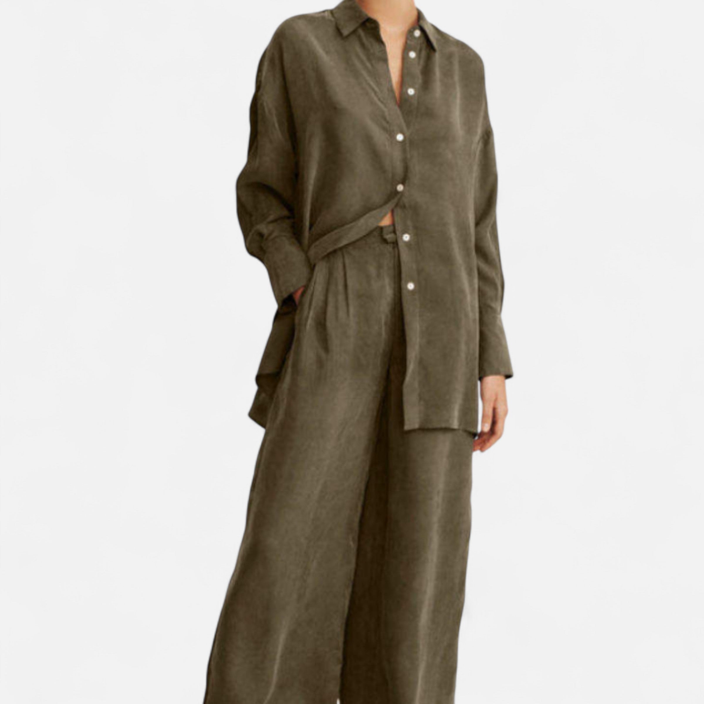 Dorevelle | Women’s Linen Suit – Olive Heritage Elegance