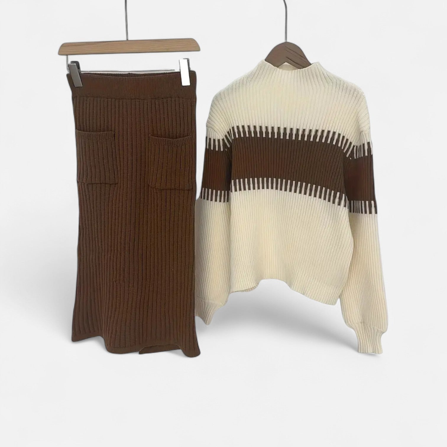 Dorevelle | Women’s Knit Set – High-Neck Pullover & Midi Skirt