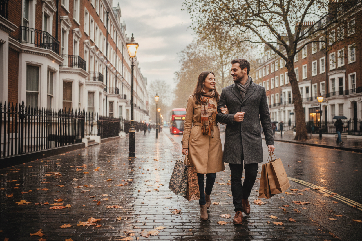 London weather type men woman walking with shopping bags autumn